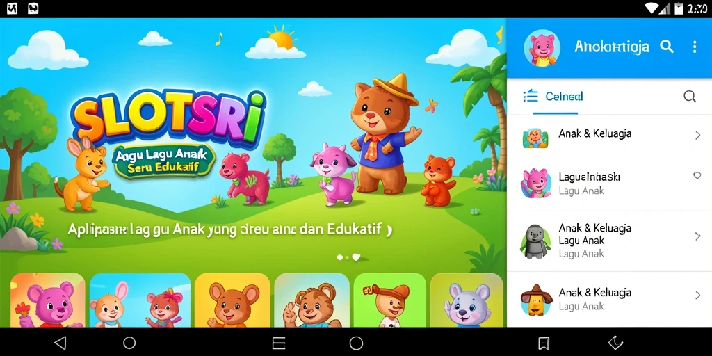 Tampilan antarmuka aplikasi SLOTSRI dengan lagu-lagu anak yang ceria.
