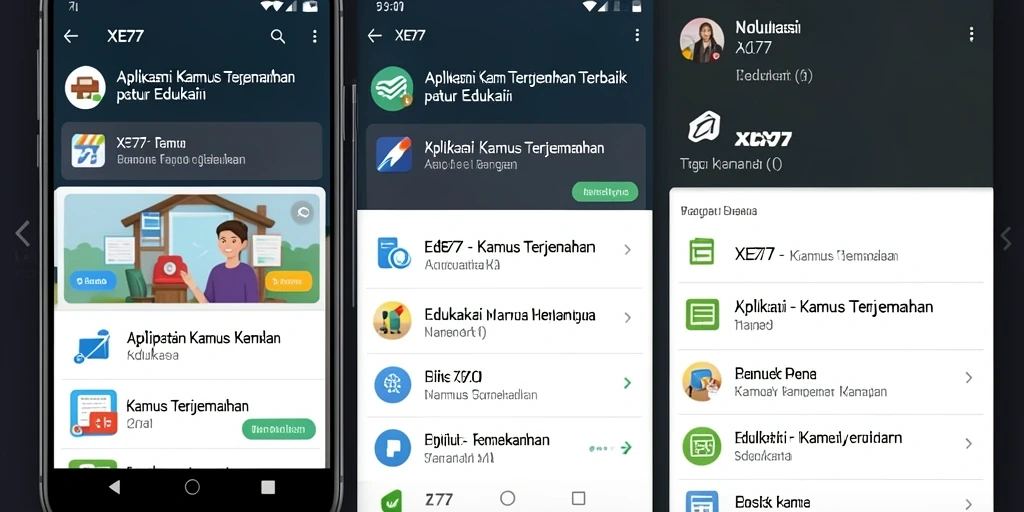 Antarmuka aplikasi XE77 menampilkan fungsi Kamus Terjemahan yang user-friendly.